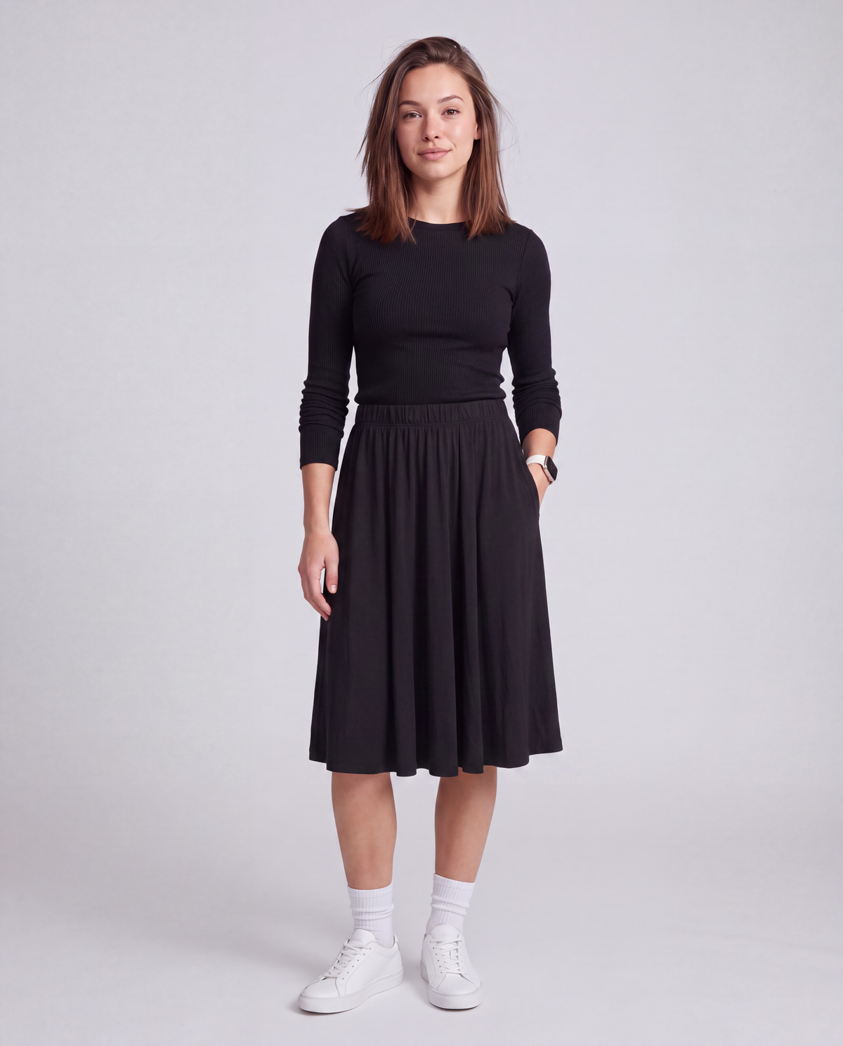 Black women's modest knee length athletic skirt with pockets - Pulse Skirt